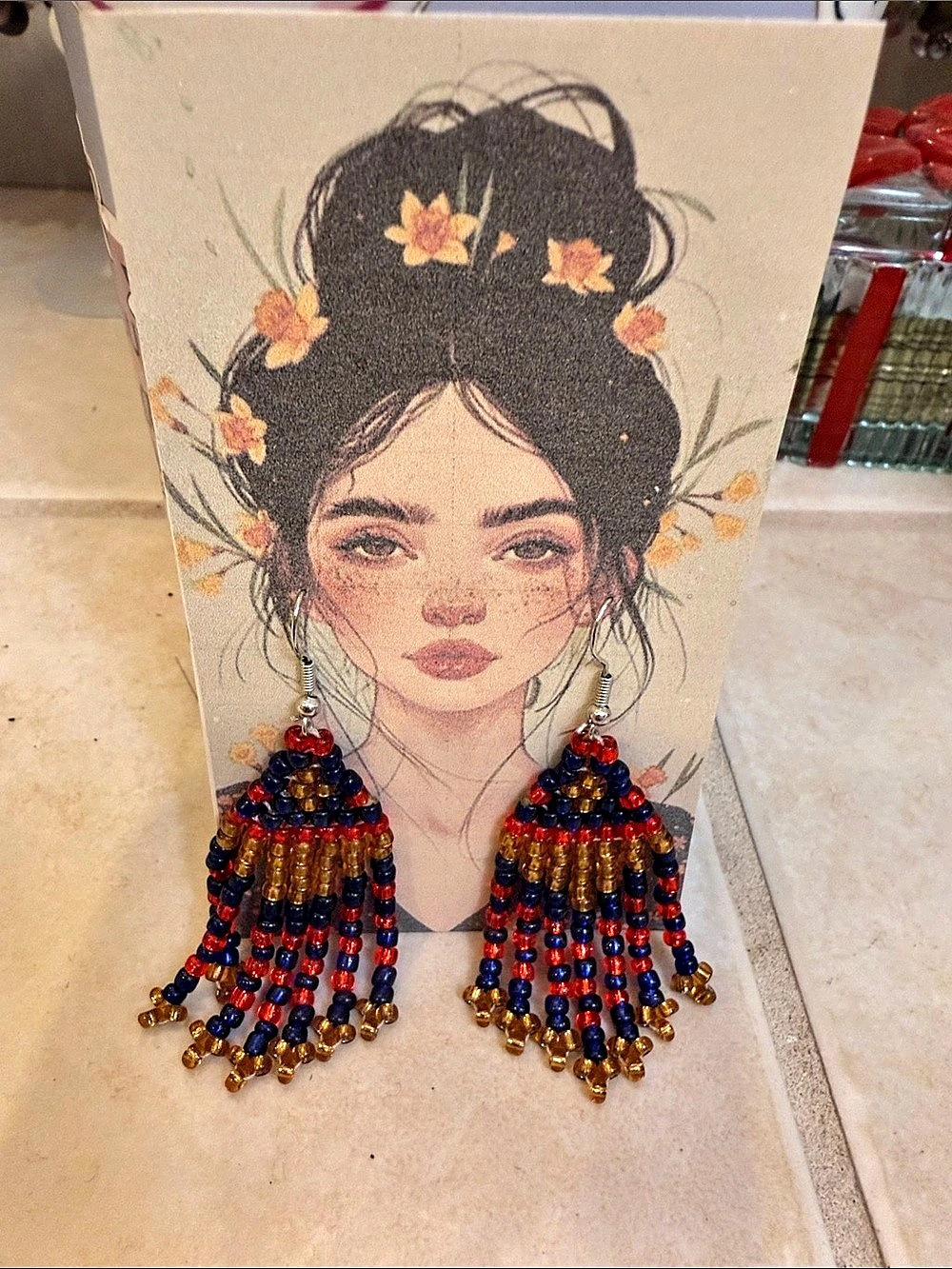 Beaded Fringe Earrings in Blue & Red